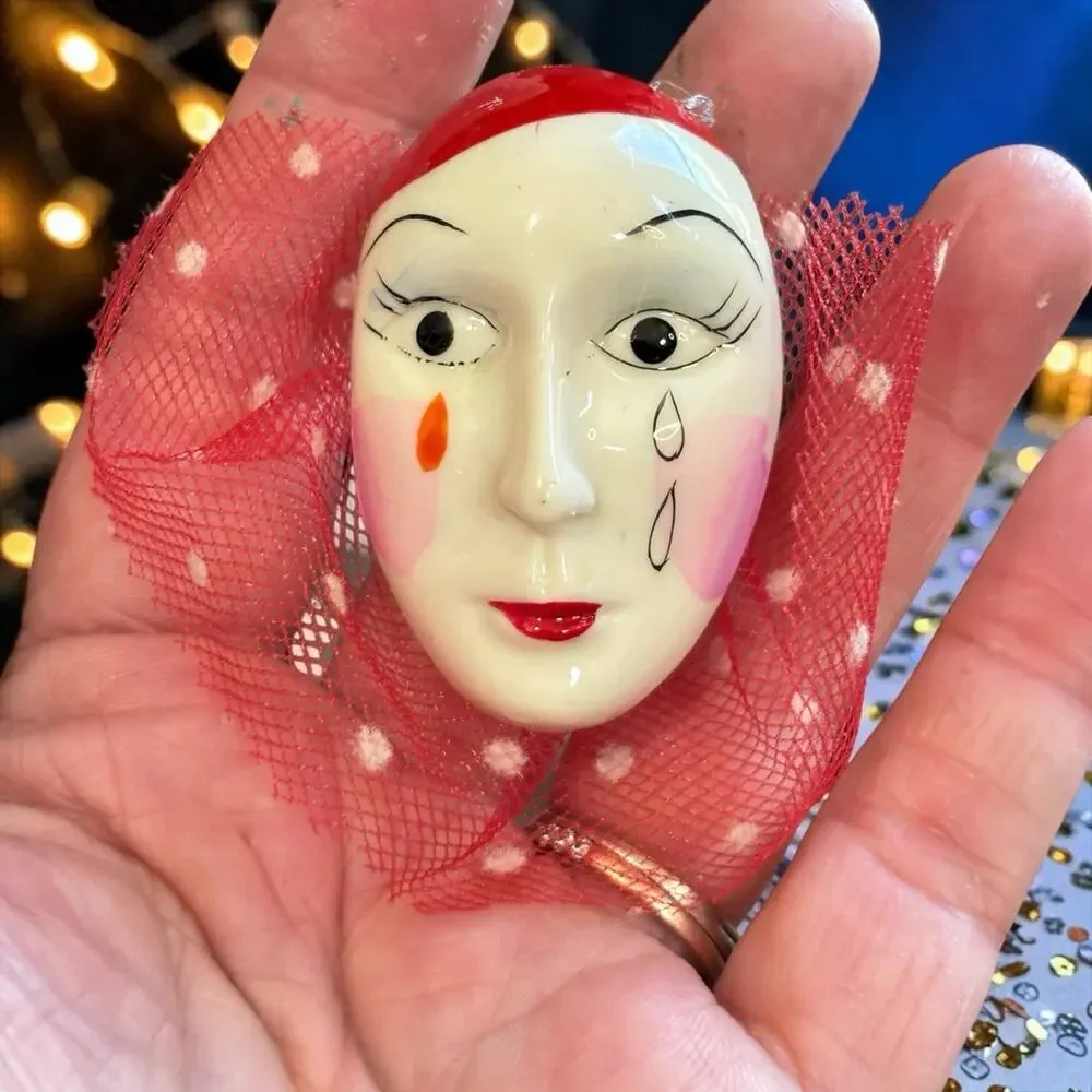 Vintage Pierrot Clown Face Brooch Red Flocked Veil Art Mask Harlequin